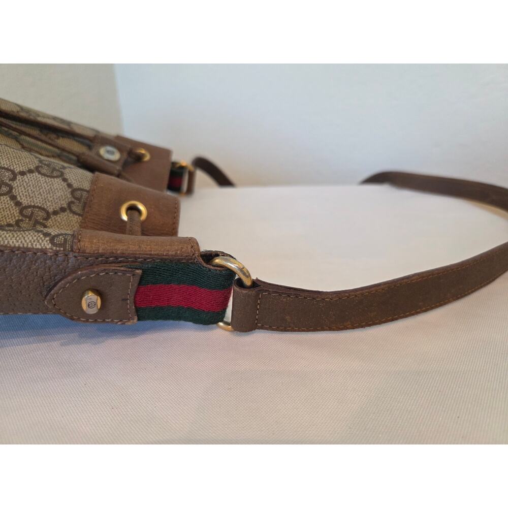 Gucci GG Supreme Monogram Bucket Bag Brown Leather Drawstring Vintage Web Stripe - Picture 9 of 15